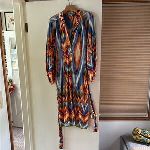 NY Collection Blue and Orange Wrap Dress with Bishop Sleeves